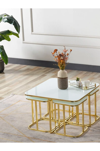 SEDAŞ LIVING UNITS PELİKAN 4+1 BEYAZ TEMPERLİ CAM GOLD METAL AYAK TAKIM SEHPA - Resim 2