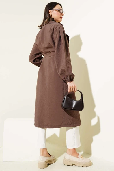 Balon Kol Kuşaklı Basic Uzun Kap Kahve - 3