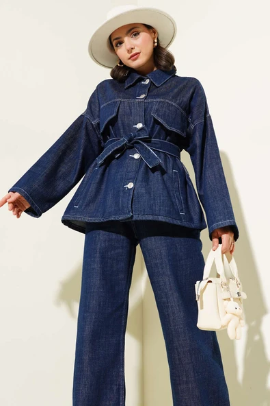 Göğüs Cep Kapaklı Kuşaklı Kot İkili Takım Lacivert - Resim 2