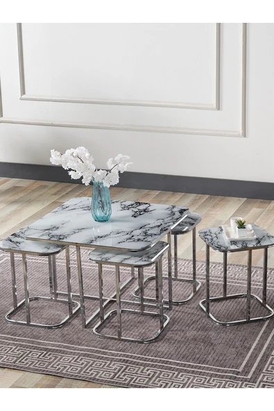 SEDAŞ LIVING UNITS PELİKAN 4+1 BEYAZ MERMER TEMPERLİ CAM GÜMÜŞ METAL AYAK TAKIM SEHPA