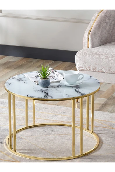SEDAŞ LIVING UNITS Salon Orta Sehpa BEYAZ MERMER Temperli (Kırılmaz) Cam (GOLD) Metal Ayak Orta Sehpa