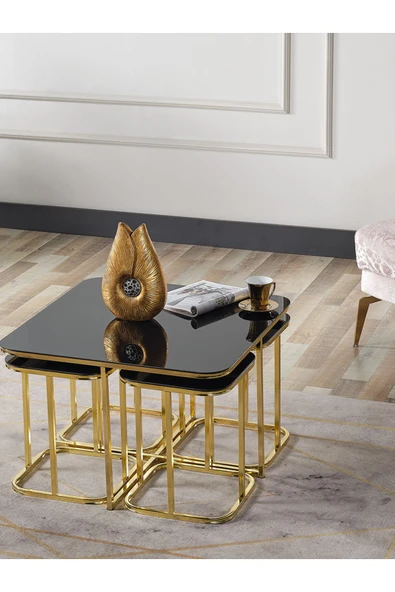SEDAŞ LIVING UNITS PELİKAN 4+1 SİYAH AYNALI TEMPERLİ CAM GOLD METAL AYAK TAKIM SEHPA sedaş_lıvıng_unıts_sehpa - 2