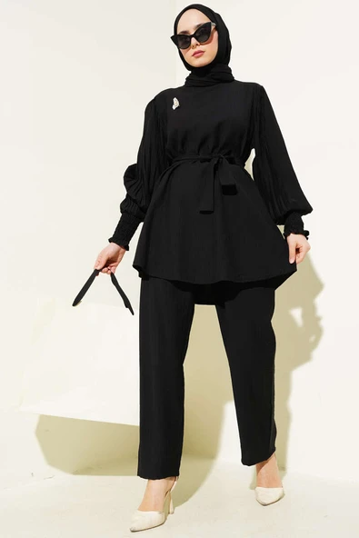 Kolları Pileli Kuşaklı İkili Takım Siyah ürün görseli 1