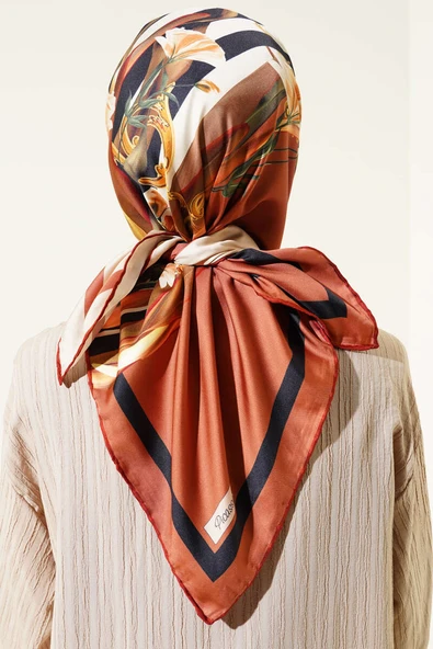 Şeritli Çiçek Desen Rayon Eşarp Oranj - 3