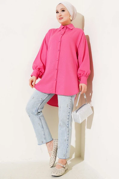 Kendinden Desenli Balon Kol Jakar Gömlek Fuşya - Resim 2