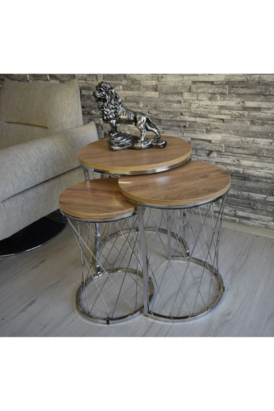 SEDAŞ LIVING UNITS 3 lü Hasır Model Açık Ceviz (Suntalam) Gümüş Ayak Zigon Sehpa - 2