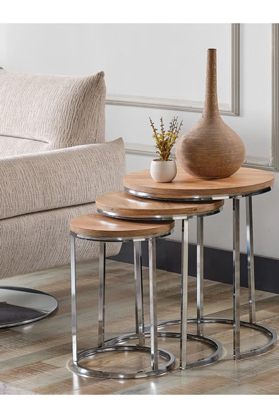 SEDAŞ LIVING UNITS 4 Lü Açık Ceviz  Suntalam Gümüş Metal Ayaklı Cam C Model Sehpa Takımı (ZİGON VE ORTA) - 2