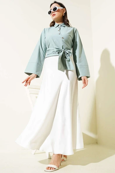 Yandan Bağlamalı Çapraz Düğmeli Kısa Gömlek Mint - Resim 2