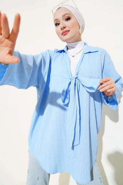 Önü Bağlamalı Krinkıl Kimono Mavi