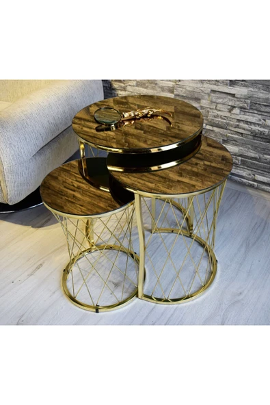 SEDAŞ LIVING UNITS Hasır Telli Bronz Ayna Gold Metal Ayak Zigon Sehpa - 2