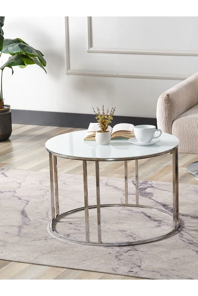 SEDAŞ LIVING UNITS Salon Orta Temperli BEYAZ (Kırılmaz) Cam (GÜMÜŞ) Metal Ayak Orta Sehpa