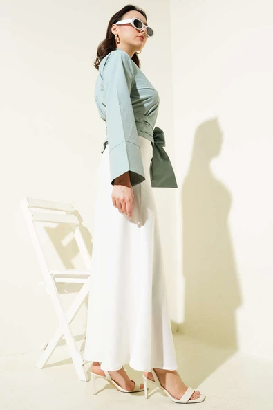 Yandan Bağlamalı Çapraz Düğmeli Kısa Gömlek Mint - Resim 3