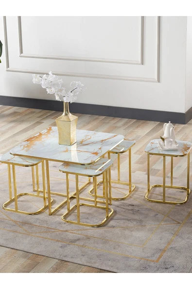 SEDAŞ LIVING UNITS PELİKAN 4+1 SARI MERMER TEMPERLİ CAM GOLD METAL AYAK TAKIM SEHPA