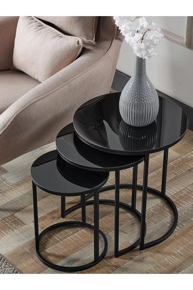 SEDAŞ LIVING UNITS 4 Lü Siyah Temperli Kırılmaz Cam Siyah Metal Ayaklı Cam C Model Sehpa Takımı (ZİGON VE ORTA) - 4