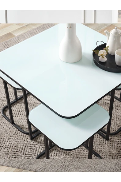 SEDAŞ LIVING UNITS PELİKAN 4+1 BEYAZ TEMPERLİ CAM SİYAH METAL AYAK TAKIM SEHPA - 3