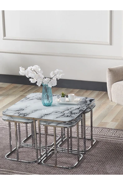 SEDAŞ LIVING UNITS PELİKAN 4+1 BEYAZ MERMER TEMPERLİ CAM GÜMÜŞ METAL AYAK TAKIM SEHPA - 2