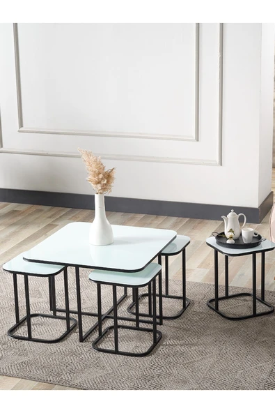 SEDAŞ LIVING UNITS PELİKAN 4+1 BEYAZ TEMPERLİ CAM SİYAH METAL AYAK TAKIM SEHPA