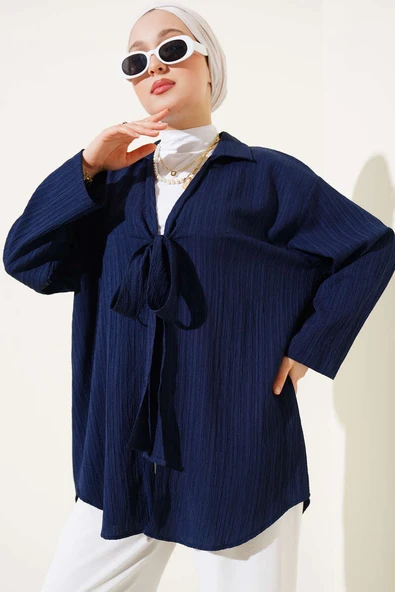 Önü Bağlamalı Krinkıl Kimono Lacivert