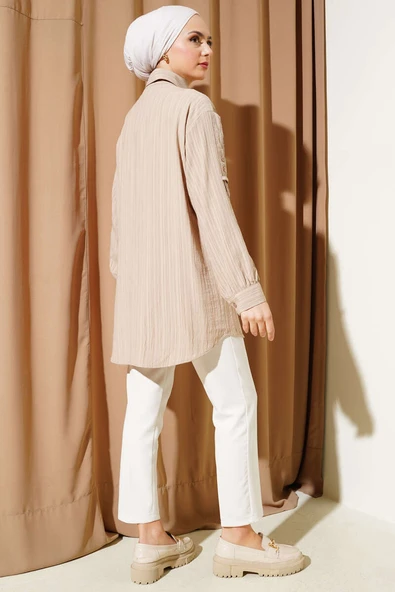 Kol Apoletli Ağaç Kabuğu Gömlek Bej - Resim 3