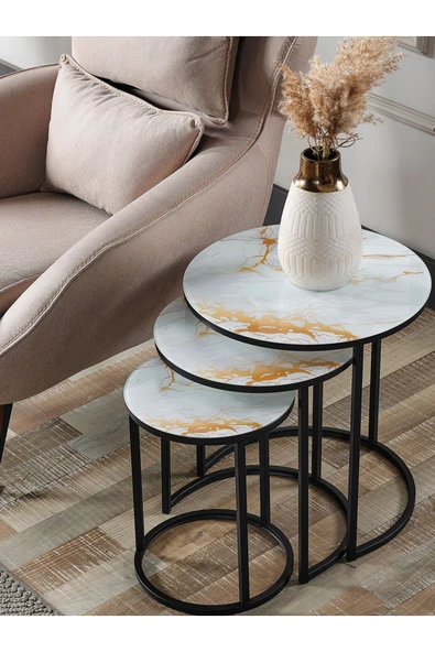 SEDAŞ LIVING UNITS 4 Lü Sarı Mermer Temperli Kırılmaz Cam Siyah Metal Ayaklı Cam C Model Sehpa Takımı (ZİGON VE ORTA) - Resim 4
