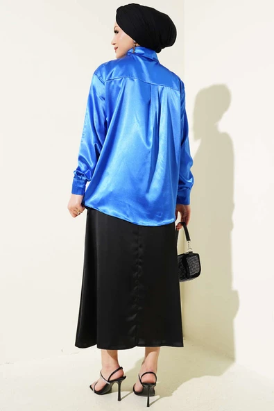 Uzun Kol Saten Gömlek Saks - Resim 3