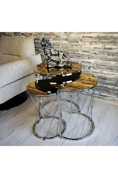 SEDAŞ LIVING UNITS 3 lü Hasır Model Bronz Ayna Gümüş Ayak Zigon Sehpa - 2