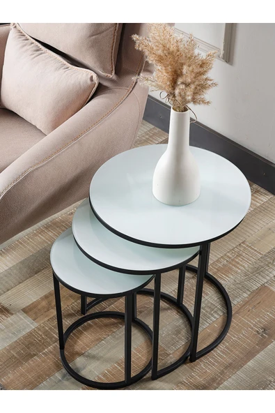 SEDAŞ LIVING UNITS 4 Lü Beyaz Temperli Kırılmaz Cam Siyah Metal Ayaklı Cam C Model Sehpa Takımı (ZİGON VE ORTA) - 4