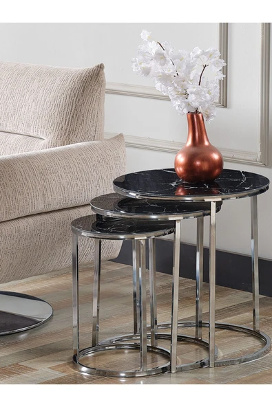 SEDAŞ LIVING UNITS 4 Lü Siyah Mermer Temperli Kırılmaz Cam Gümüş Metal Ayaklı Cam C Model Sehpa Takımı (ZİGON VE ORTA) - 2