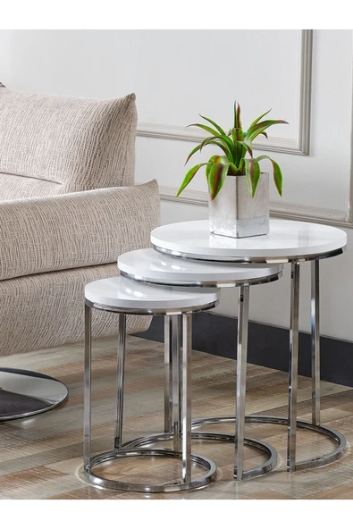 SEDAŞ LIVING UNITS 4 Lü Beyaz Suntalam Gümüş Metal Ayaklı Cam C Model Sehpa Takımı (ZİGON VE ORTA) - Resim 2