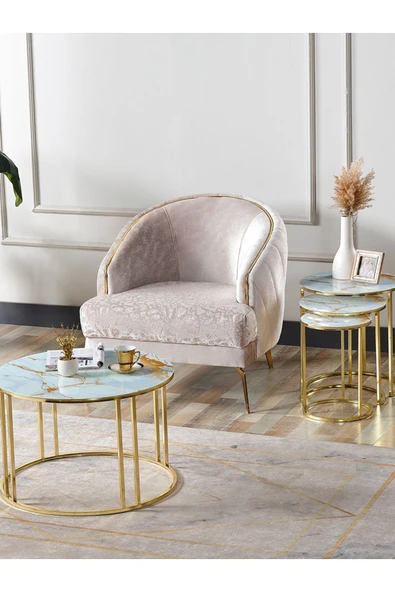 SEDAŞ LIVING UNITS 4 Lü Sarı Mermer Temperli Kırılmaz Cam Gold Metal Ayaklı Cam C Model Sehpa Takımı (ZİGON VE ORTA)