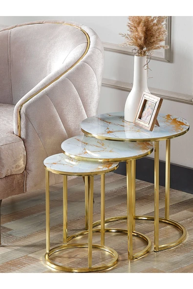 SEDAŞ LIVING UNITS 4 Lü Sarı Mermer Temperli Kırılmaz Cam Gold Metal Ayaklı Cam C Model Sehpa Takımı (ZİGON VE ORTA) - 3