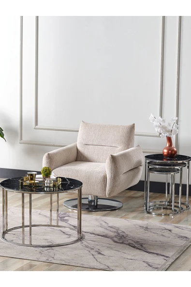 SEDAŞ LIVING UNITS 4 Lü Siyah Mermer Temperli Kırılmaz Cam Gümüş Metal Ayaklı Cam C Model Sehpa Takımı (ZİGON VE ORTA)