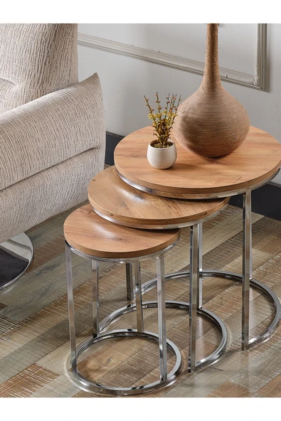 SEDAŞ LIVING UNITS 4 Lü Açık Ceviz  Suntalam Gümüş Metal Ayaklı Cam C Model Sehpa Takımı (ZİGON VE ORTA) - 4