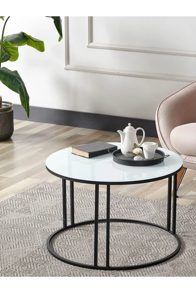 SEDAŞ LIVING UNITS 4 Lü Beyaz Temperli Kırılmaz Cam Siyah Metal Ayaklı Cam C Model Sehpa Takımı (ZİGON VE ORTA) - 3