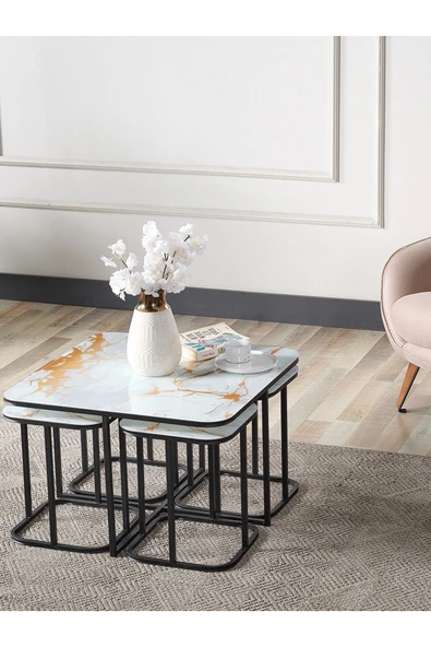 SEDAŞ LIVING UNITS PELİKAN 4+1 SARI MERMER TEMPERLİ CAM SİYAH METAL AYAK TAKIM SEHPA sedaş_lıvıng_unıts_sehpa - 2