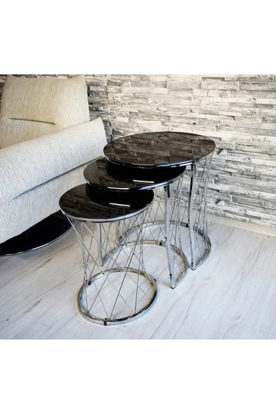 SEDAŞ LIVING UNITS 3 lü Hasır Model Siyah (Temperli Cam) Gümüş Ayak Zigon Sehpa