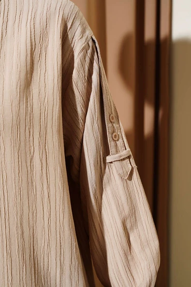 Kol Apoletli Ağaç Kabuğu Gömlek Bej - Resim 4