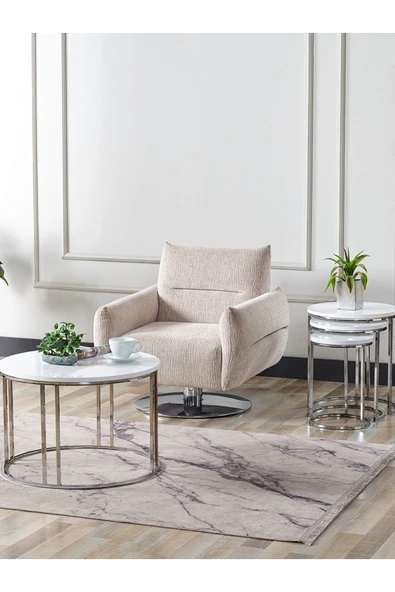 SEDAŞ LIVING UNITS 4 Lü Beyaz Suntalam Gümüş Metal Ayaklı Cam C Model Sehpa Takımı (ZİGON VE ORTA)