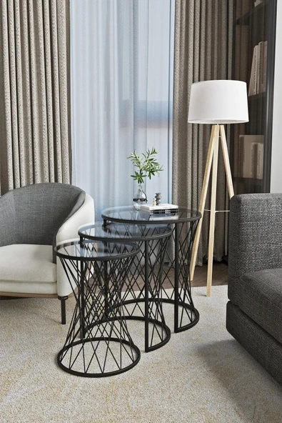 SEDAŞ LIVING UNITS 3 LÜ SİYAH KENARLI FÜME KIRILMAZ TEMPERLİ CAM AYAK HASIR ZİGON SEHPA - 3