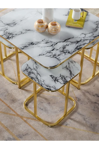 SEDAŞ LIVING UNITS PELİKAN 4+1 BEYAZ MERMER TEMPERLİ CAM GOLD METAL AYAK TAKIM SEHPA - 3