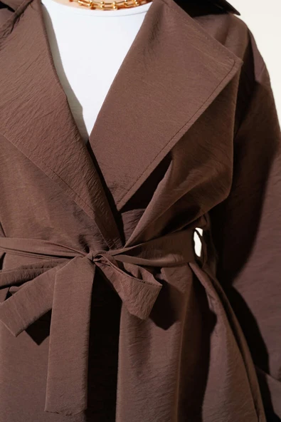 Balon Kol Kuşaklı Basic Uzun Kap Kahve - 4