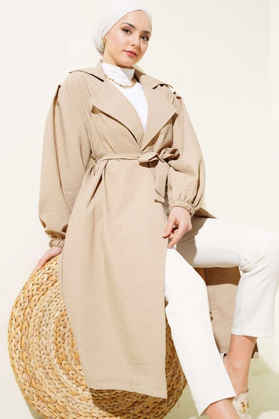 Balon Kol Kuşaklı Basic Uzun Kap Bej ürün görseli 1