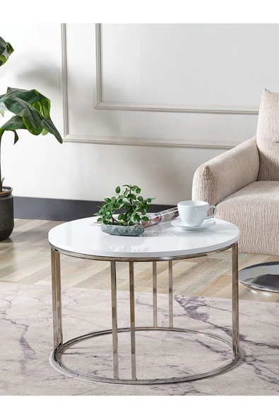 SEDAŞ LIVING UNITS 4 Lü Beyaz Suntalam Gümüş Metal Ayaklı Cam C Model Sehpa Takımı (ZİGON VE ORTA) - Resim 3