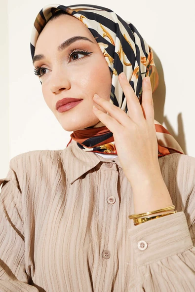 Şeritli Çiçek Desen Rayon Eşarp Oranj