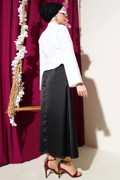 Yandan Bağlamalı Çapraz Düğmeli Kısa Gömlek Beyaz - Resim 3