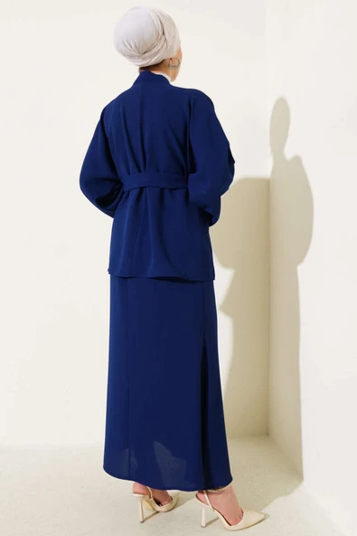 Taşlı İnci Süslemeli Etekli İkili Takım Lacivert - Resim 3