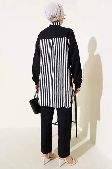 Çizgi Detaylı Cepli Gömlek İkili Takım Siyah - Resim 3