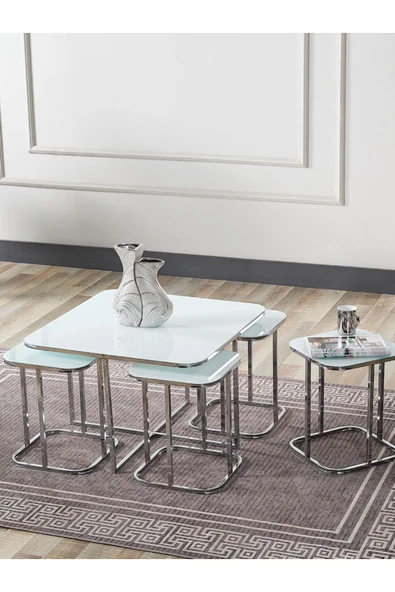 SEDAŞ LIVING UNITS PELİKAN 4+1 BEYAZ TEMPERLİ CAM GÜMÜŞ METAL AYAK TAKIM SEHPA sedaş_lıvıng_unıts_sehpa