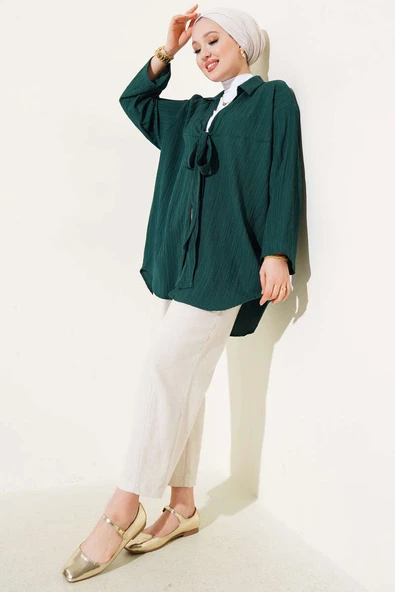 Önü Bağlamalı Krinkıl Kimono Zümrüt - 2