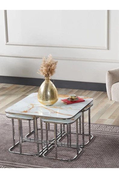 SEDAŞ LIVING UNITS PELİKAN 4+1 SARI MERMER TEMPERLİ CAM GÜMÜŞ METAL AYAK TAKIM SEHPA - 2